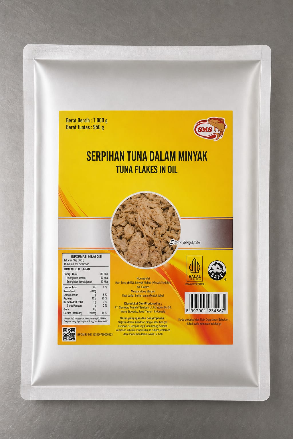 Kemasan asli Tuna Pouch SMS, serpihan tuna dalam minyak kedelai, berat bersih 1.000 gram